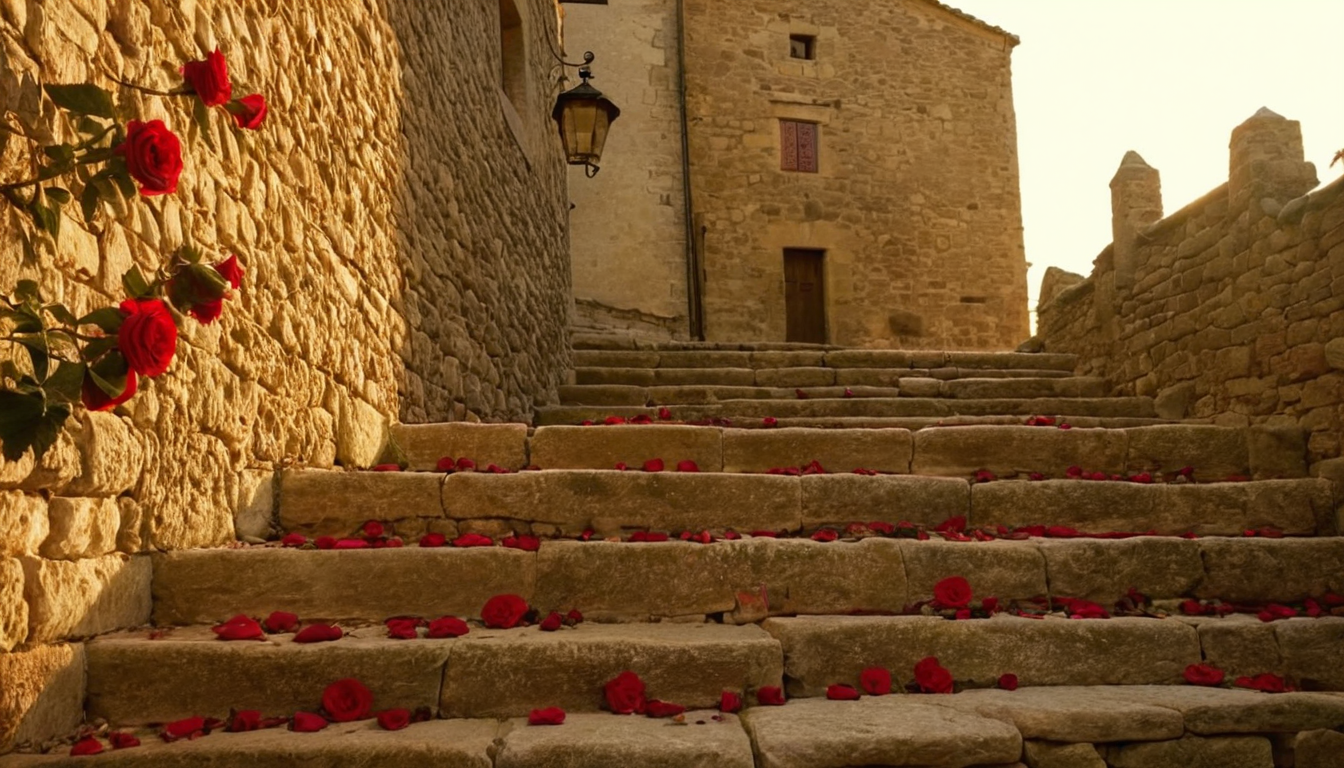 Petals de rosa sobre escales de pedra a Montblanc