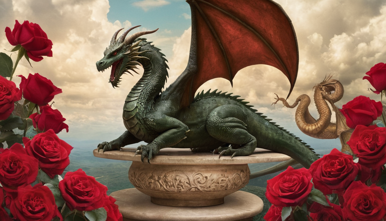 Drac verd sobre pedestal amb roses vermelles