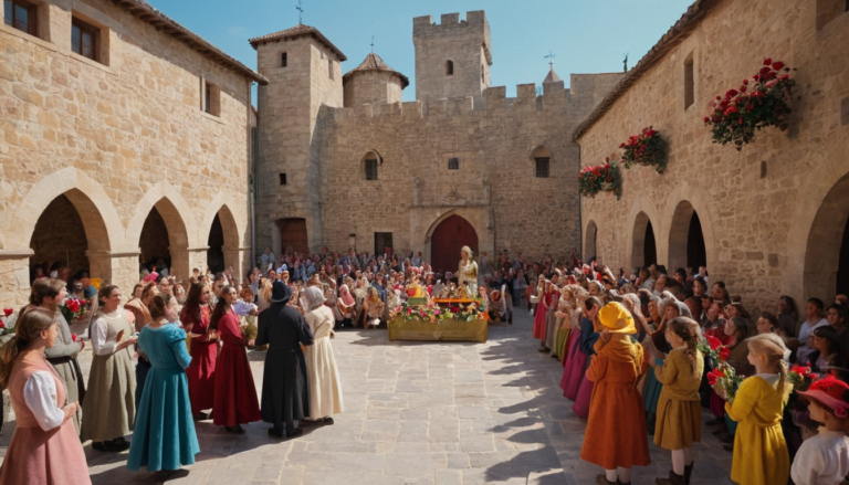 Representació popular de la llegenda de Sant Jordi en una plaça medieval amb públic, roses i ambient teatral