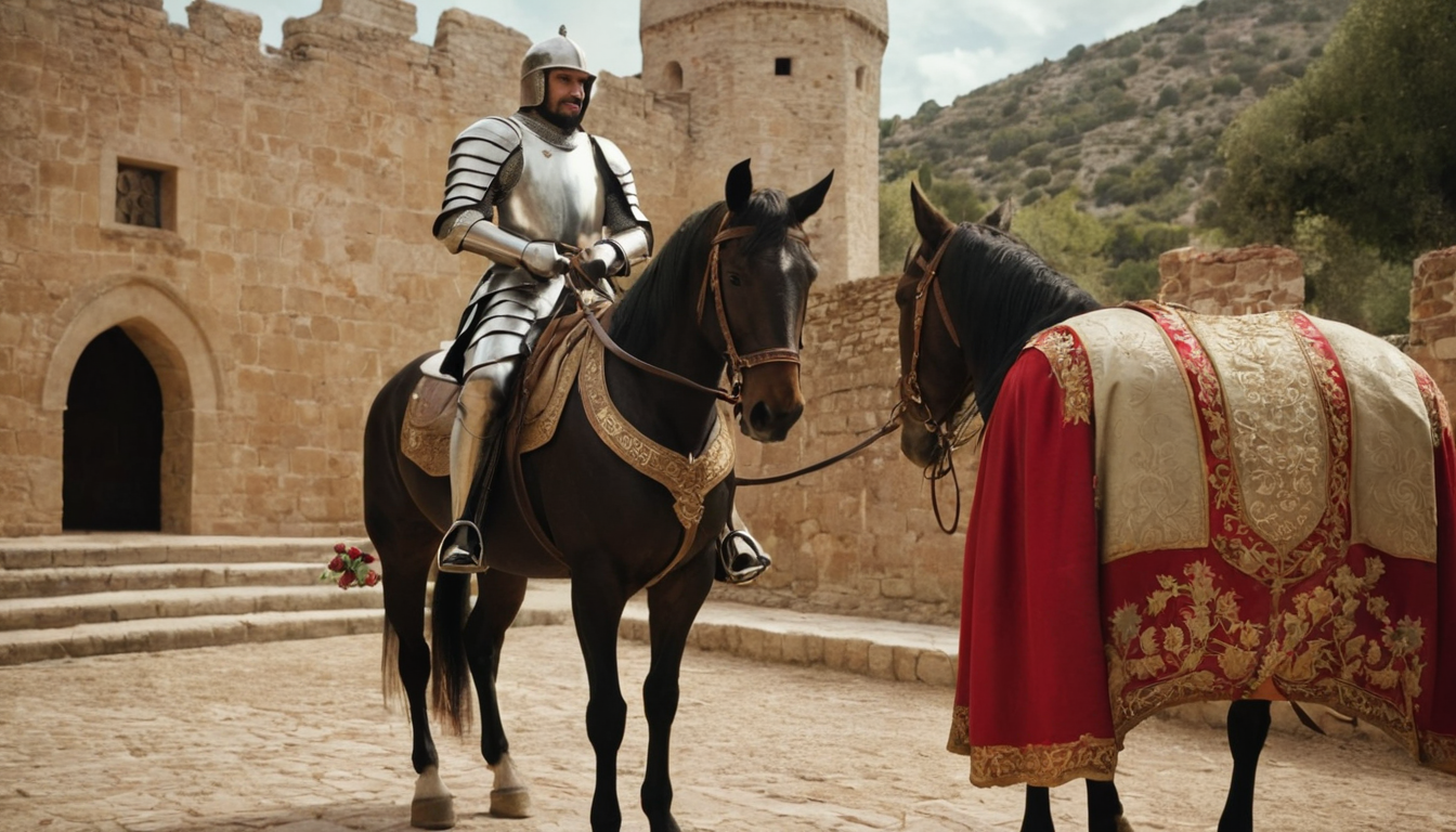 Sant Jordi amb armadura al costat d'un cavall amb barda i caparassó medieval