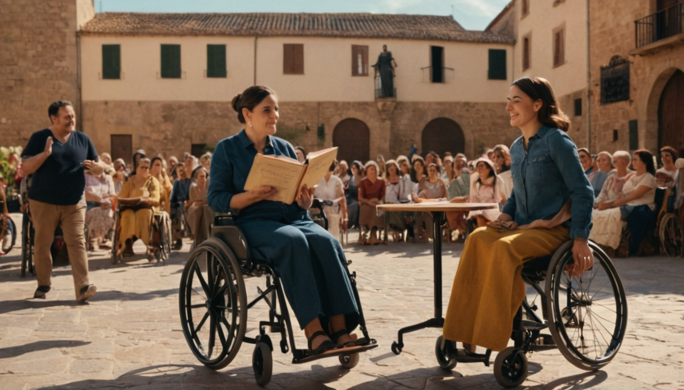 Persones diverses compartint la llegenda de Sant Jordi en una plaça accessible amb roses i llibres