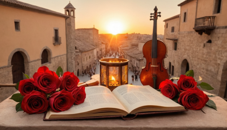 Partitura, roses i instruments populars evocant la música de la llegenda de Sant Jordi