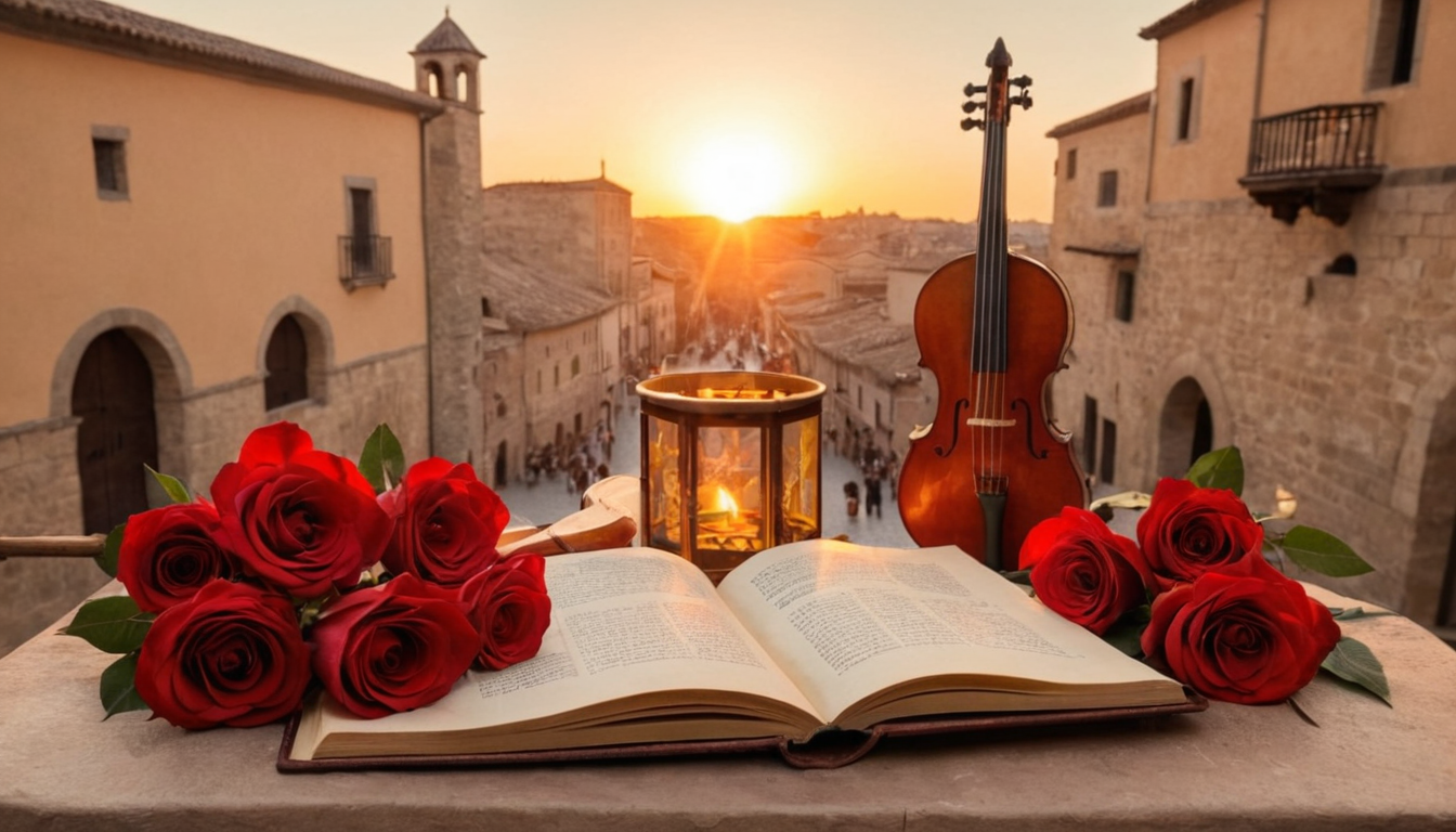 Partitura, roses i instruments populars evocant la música de la llegenda de Sant Jordi