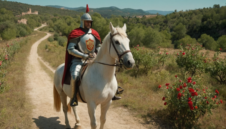 Cavaller medieval a cavall a les Muntanyes de Prades amb roses i colors heràldics